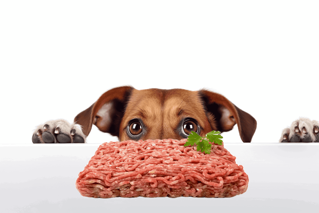 Dog with curious eyes behind a pile of ground meat, ready to eat, emphasizing dog food safety and nutrition.