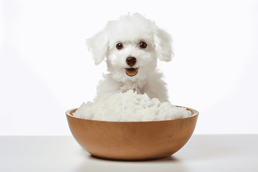 Dog eating rice, healthy dog food, outdoor pet meal, Rottweiler dog eating grain-based food.