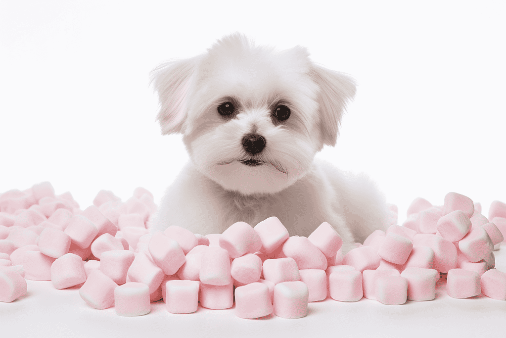Adorable white fluffy puppy surrounded by pink marshmallows, perfect for pet and sweet treats themes.