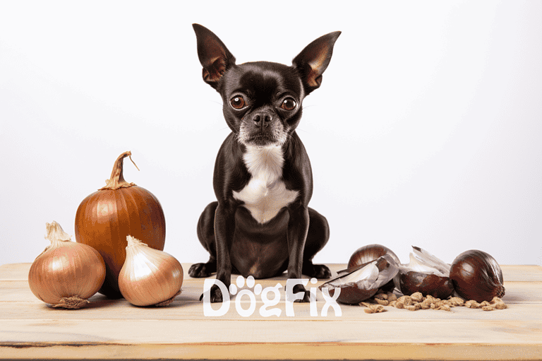 Adorable Chihuahua with onions and pumpkin on wooden table for healthy dog treats.