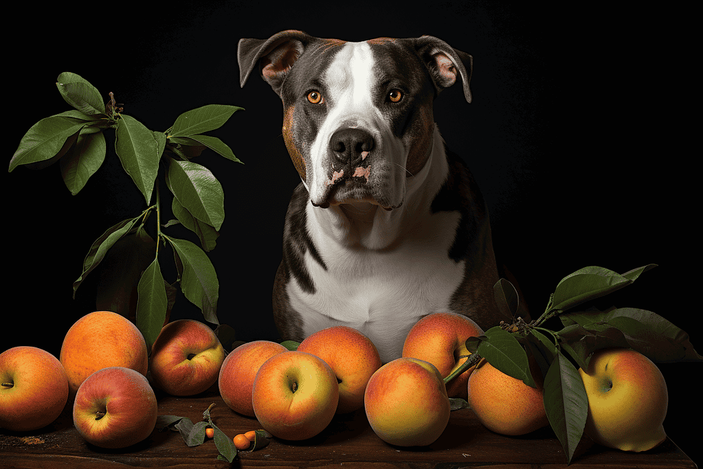 Dog with apples and foliage for healthy pet treats.