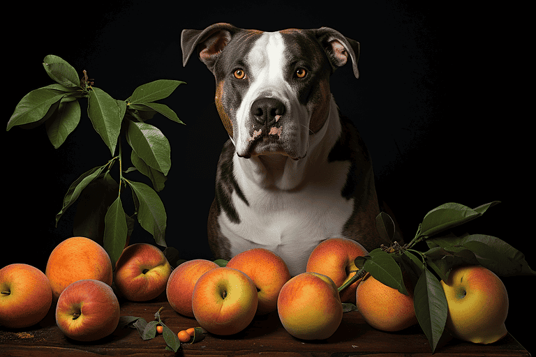 Dog with apples and foliage for healthy pet treats.