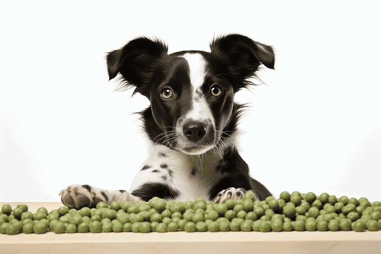 Adorable black and white puppy surrounded by fresh green peas, perfect for dog and pet care content.