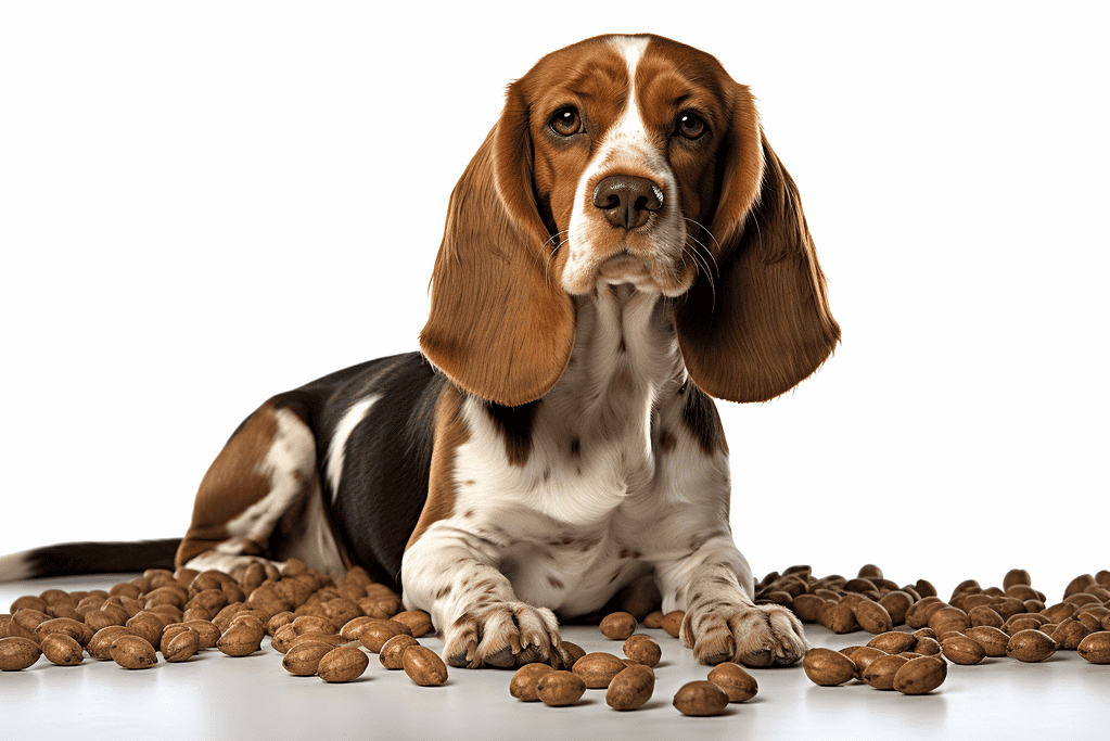 Adorable basset hound lying among nuts, looking at camera, white background.