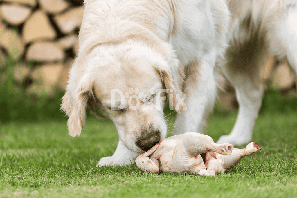 Adorable Golden Retriever puppy playing with raw chicken outdoors in a park setting.