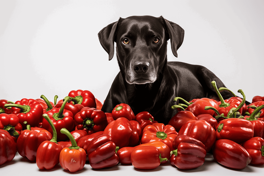 Black dog with red bell peppers, healthy dog food ingredients, pet nutrition, DogFix.com.
