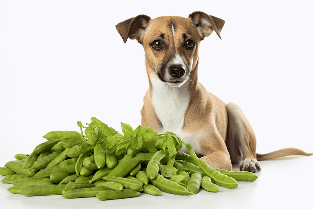 Dog lying next to green beans and basil leaves, promoting nutritious eating for dogs.
