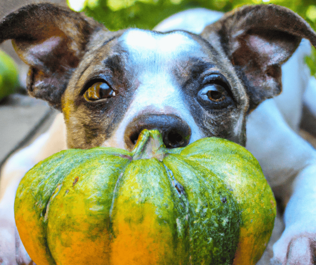 Dog with pumpkin toy for fetch and play.