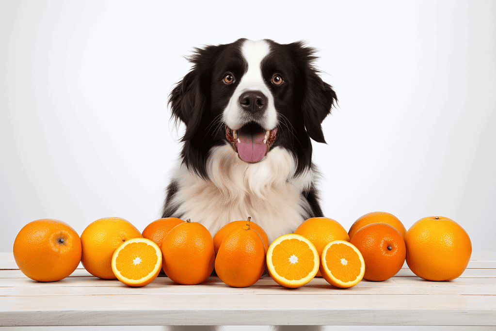 Bright happy dog sitting behind oranges and orange slices.