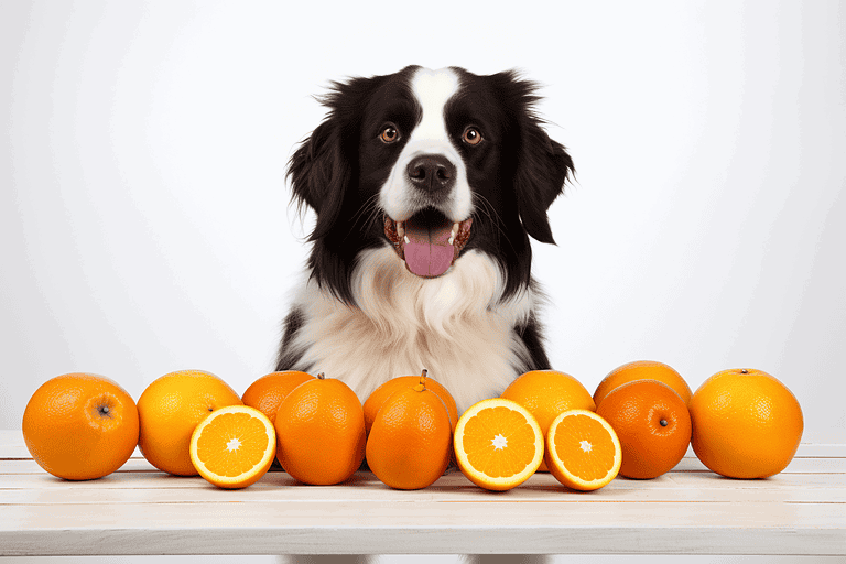 Bright happy dog sitting behind oranges and orange slices.