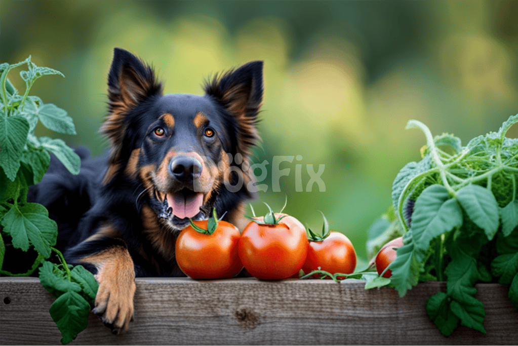 Dog with happy expression among ripe tomatoes and green foliage.
