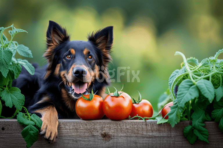 Dog with happy expression among ripe tomatoes and green foliage.