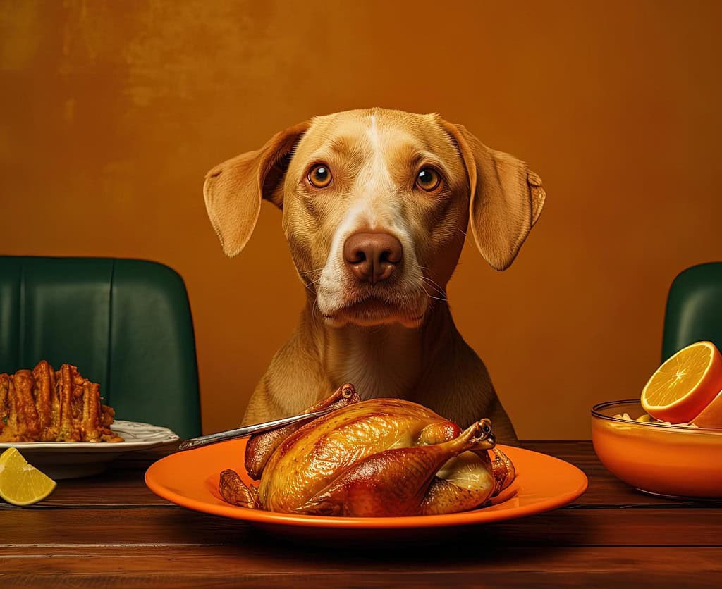 Dog with delicious roasted turkey and fruits on table.