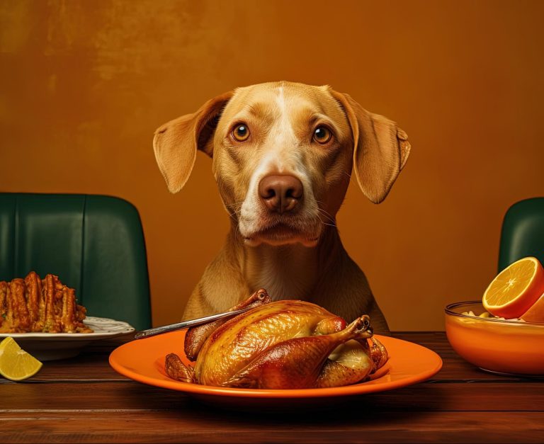 Dog with delicious roasted turkey and fruits on table.