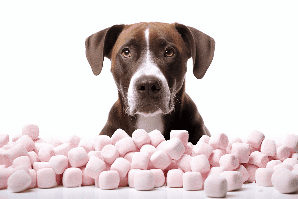 Adorable dog surrounded by pink marshmallows on white background.