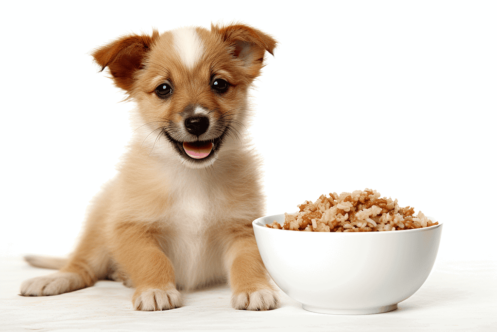 Alt: Adorable puppy sitting next to a bowl of nutritious dog food, highlighting pet nutrition.