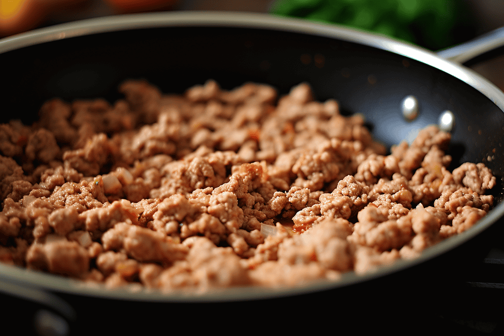 Healthy ground beef in a frying pan for dog nutrition.