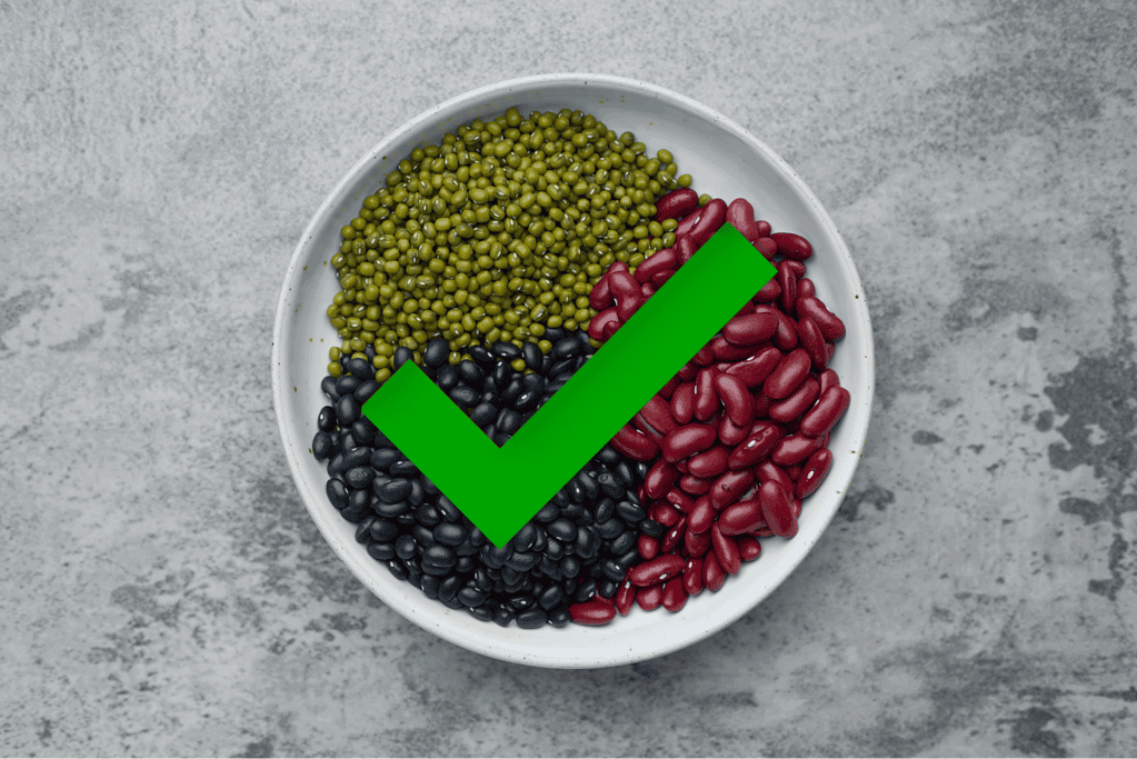 Vibrant tri-color beans in a white bowl on grey surface, suitable for healthy dog food options.
