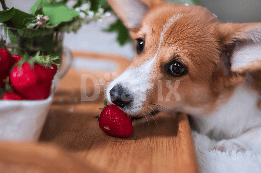 Cute puppy chewing strawberry near a bowl of strawberries and flowers, loved pet care images.