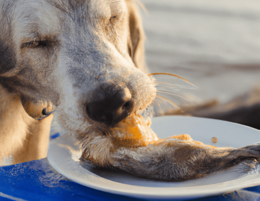 Close-up of a dog eating on a plate near a lake or pond.