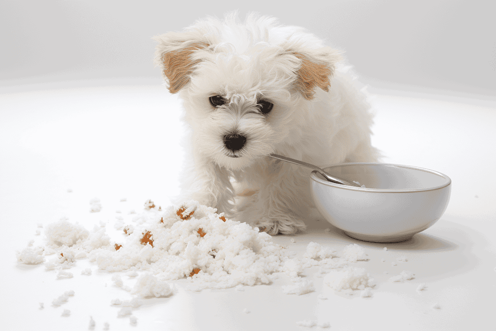 Dog eating rice, healthy dog food, outdoor pet meal, Rottweiler dog eating grain-based food.