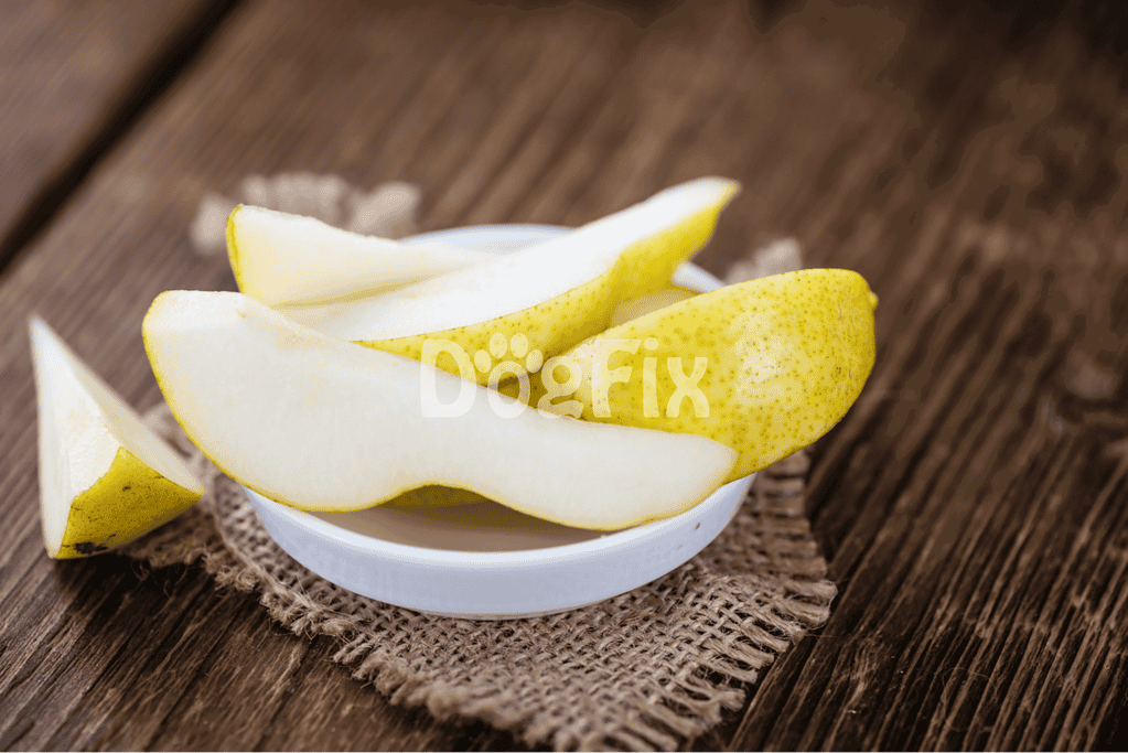 Healthy pear slices on a white dish for dog treats or snacks. Natural and nutritious for pets, perfect for dog diet.