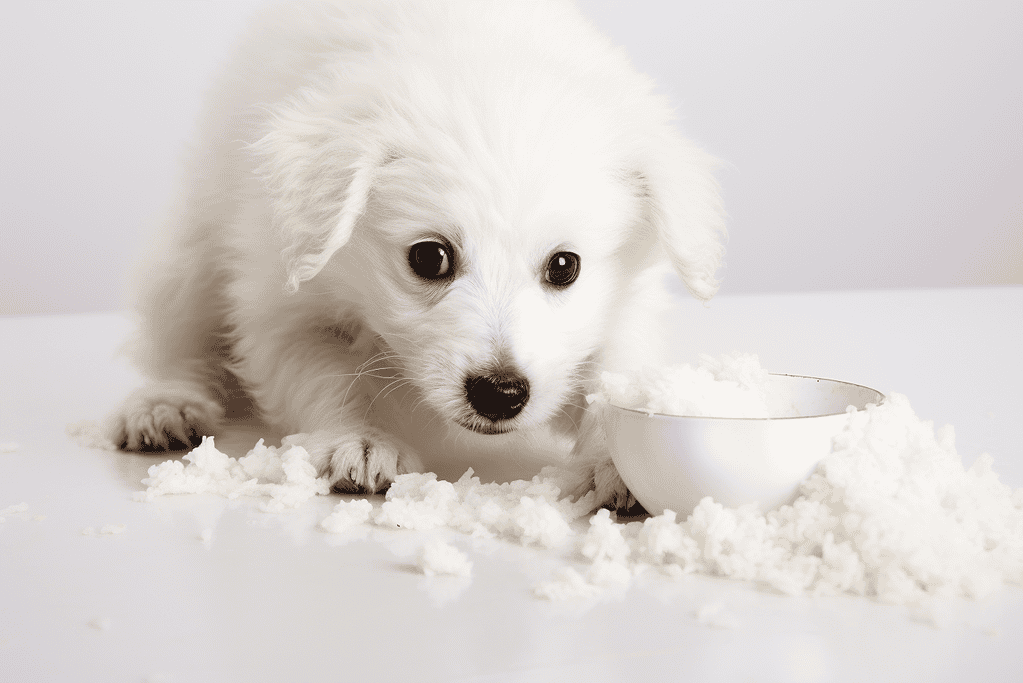 Cute white puppy eating snow from a bowl, winter pet care, adorable dog at home.
