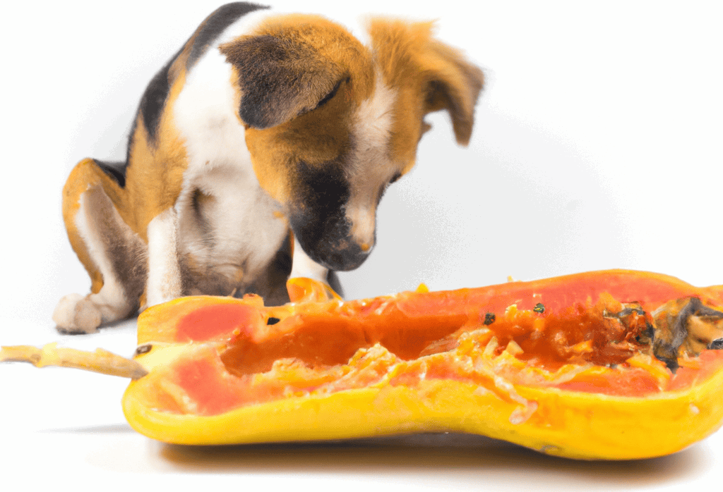 Dog with pumpkin, healthy dog food, pumpkin benefits for dogs.