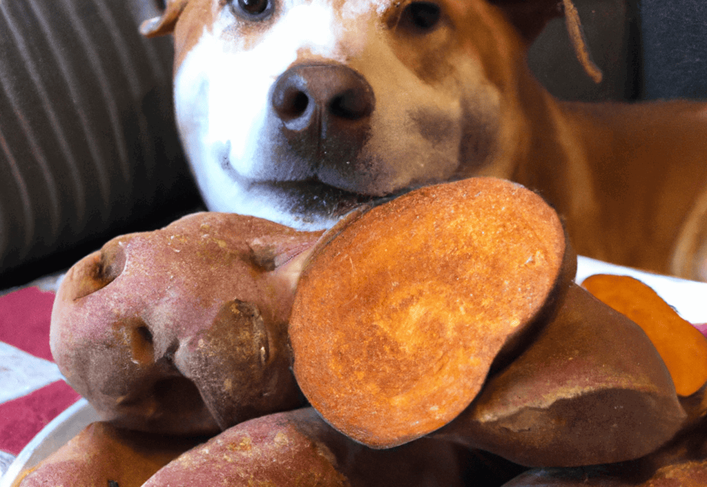 Close-up of a dog with a sweet potato, emphasizing healthy dog food options.
