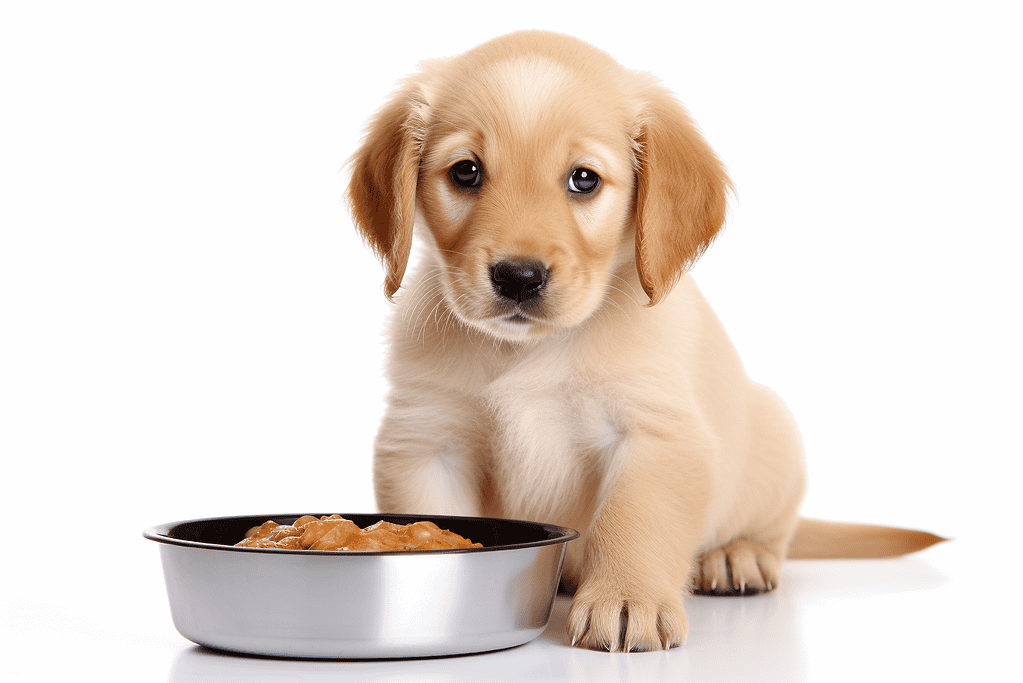Adorable golden retriever puppy sitting next to a bowl of puppy food, looking up.