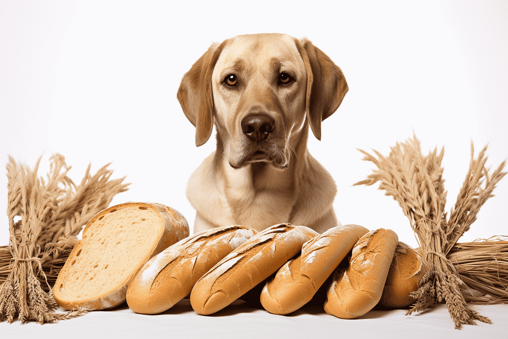 Dog with fresh bread and wheat stalks in background.