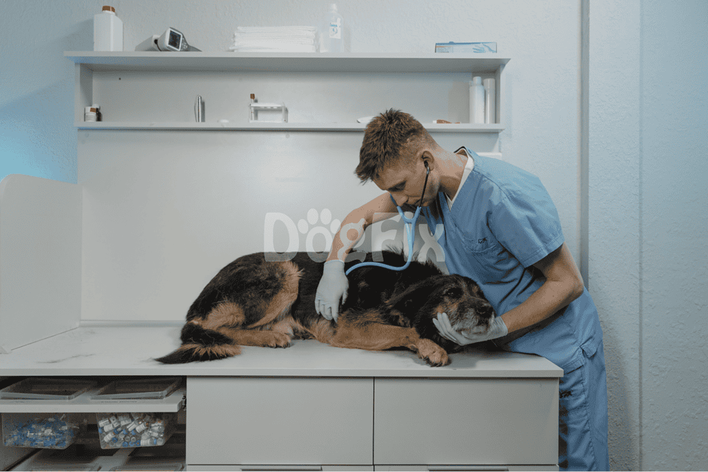 Vet checking a dog's health with stethoscope in clinic.