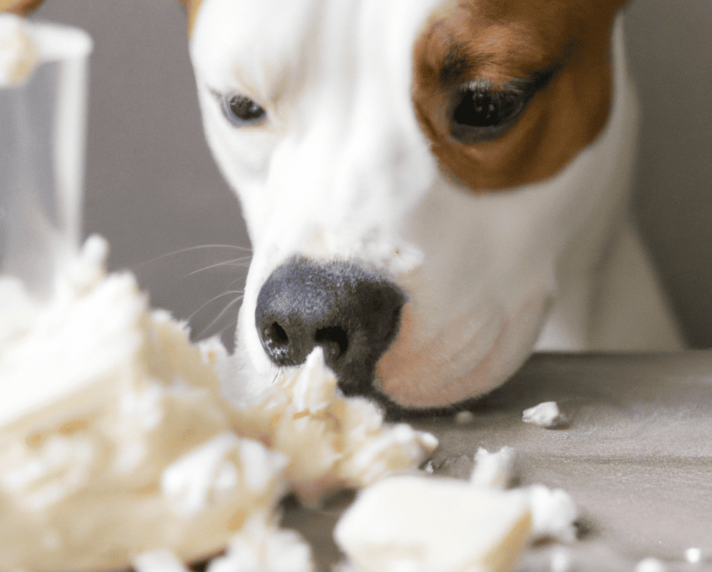 Close-up of a dog chewing bread, showing focus on dog’s face and food.