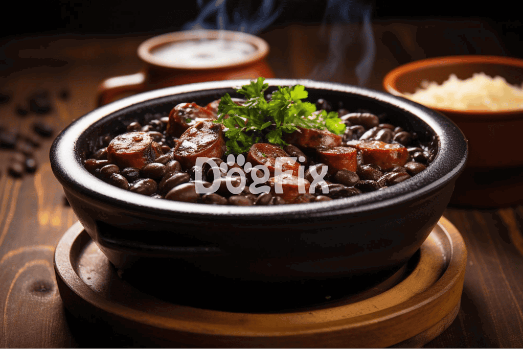 Close-up of hearty sausage and bean stew in a black bowl with fresh herbs.