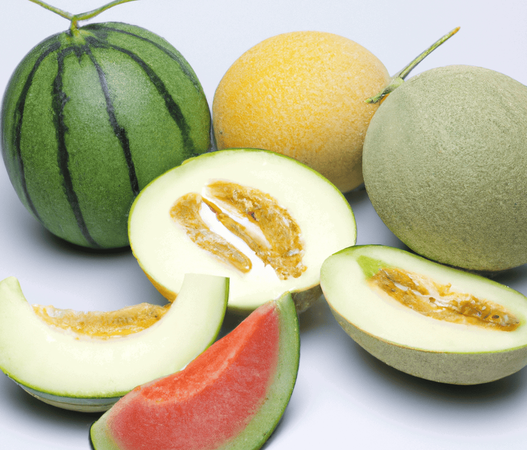 Close-up of assorted melons including watermelon, cantaloupe, honeydew, and watermelon slices.