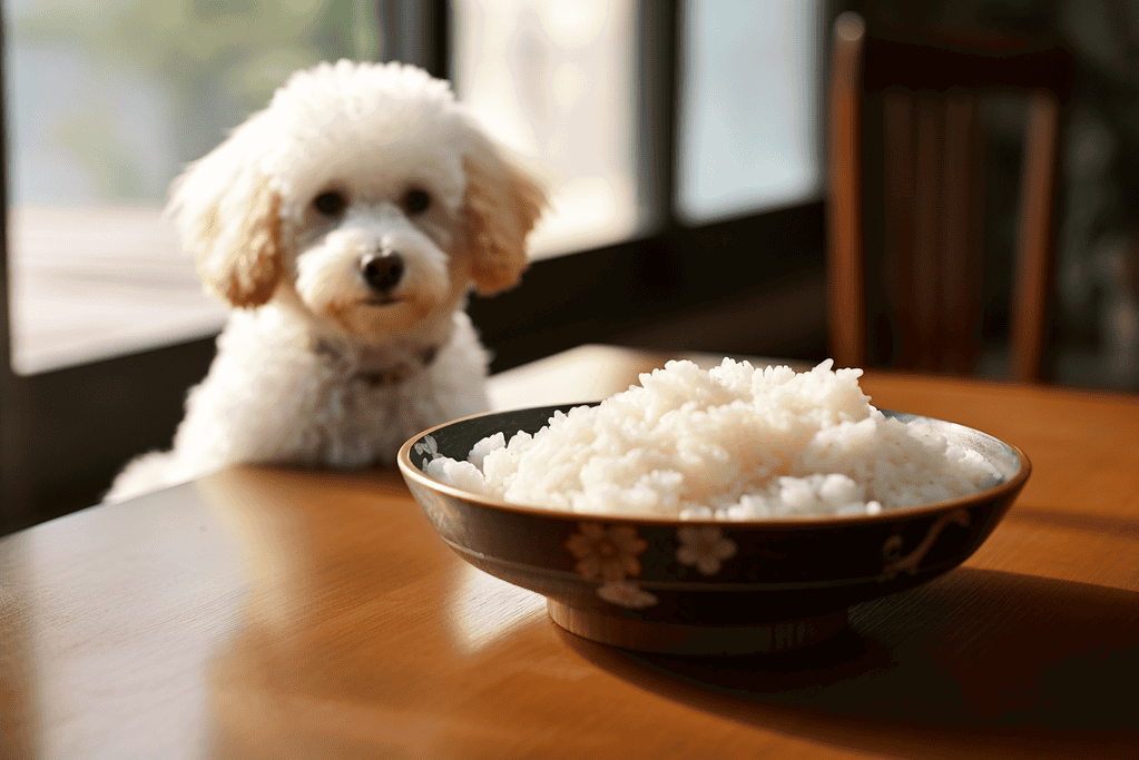 Adorable fluffy poodle dog sitting at a table with a bowl of rice, ready to eat.