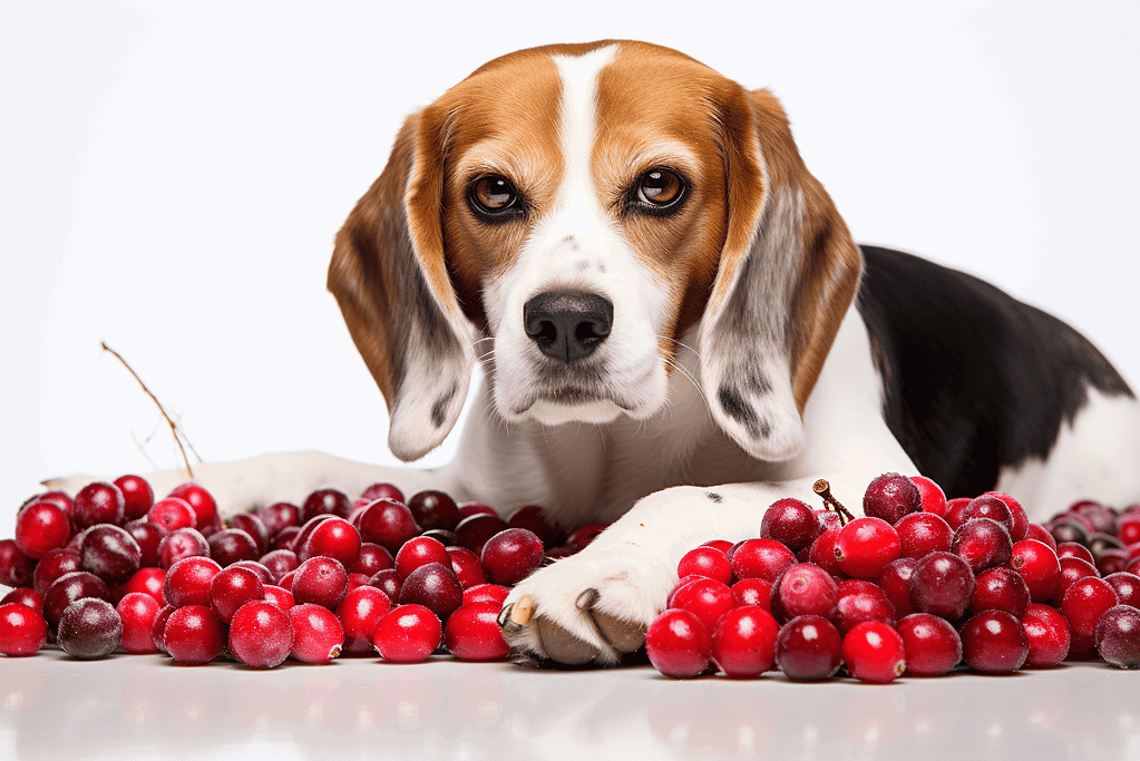 Adorable beagle lying on a bed of fresh red cranberries.
