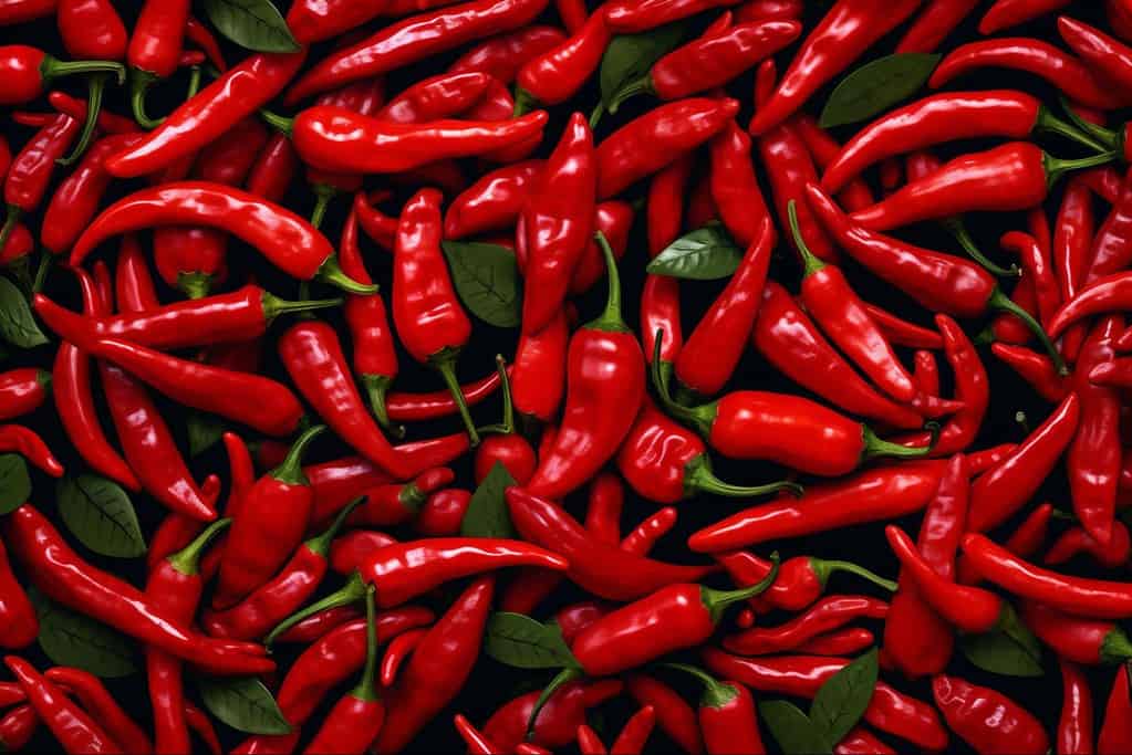 Close-up of fresh red chili peppers with green leaves, ideal for spicy food recipes.