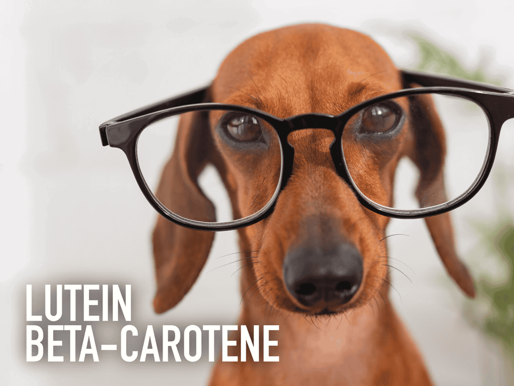 Dog wearing glasses, highlighting benefits of dog supplements for eye health and protection.