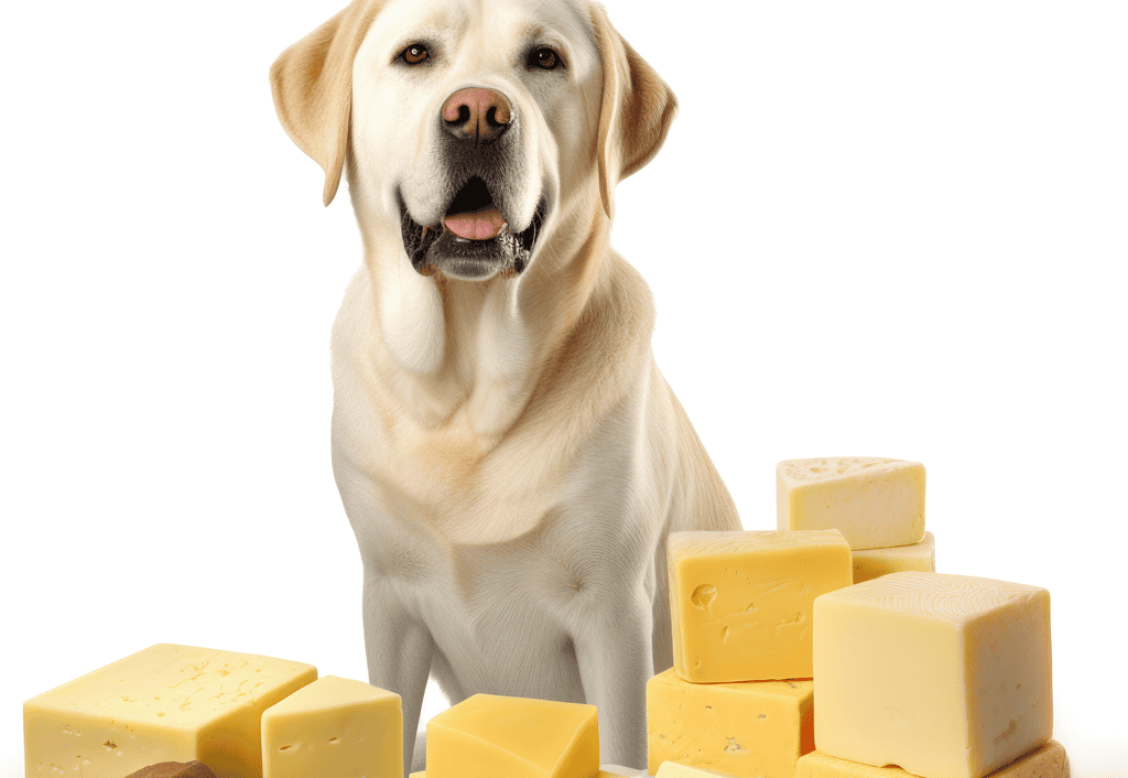 Dog holding cheese on a white background, natural dog treat, cheese for dog health.