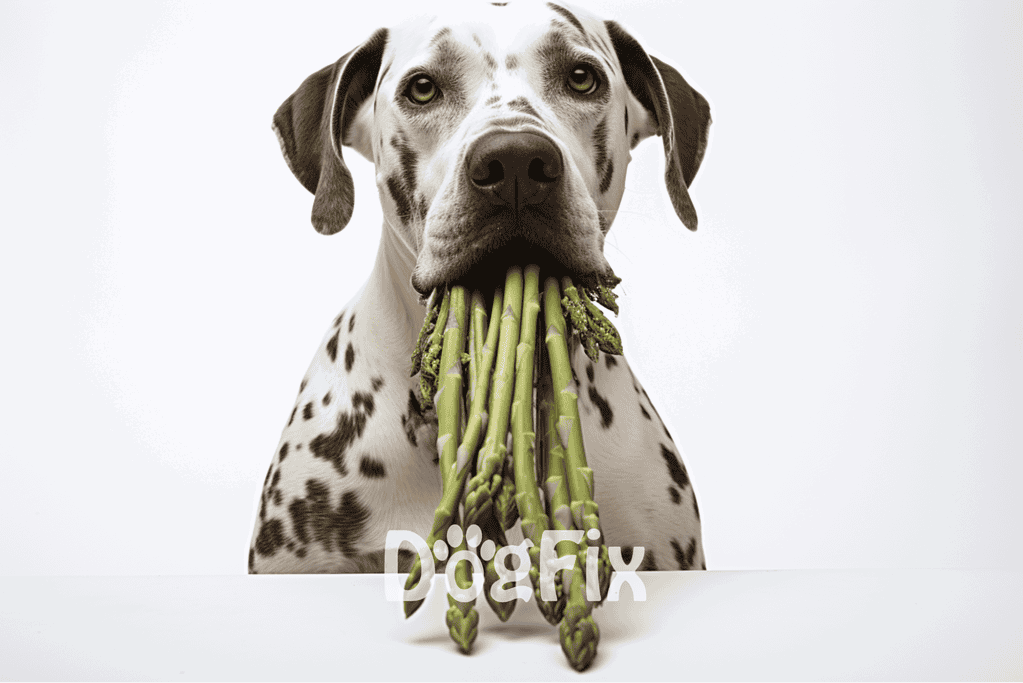 Dog with asparagus in mouth, healthy pet food, dog nutrition, balanced diet for dogs.