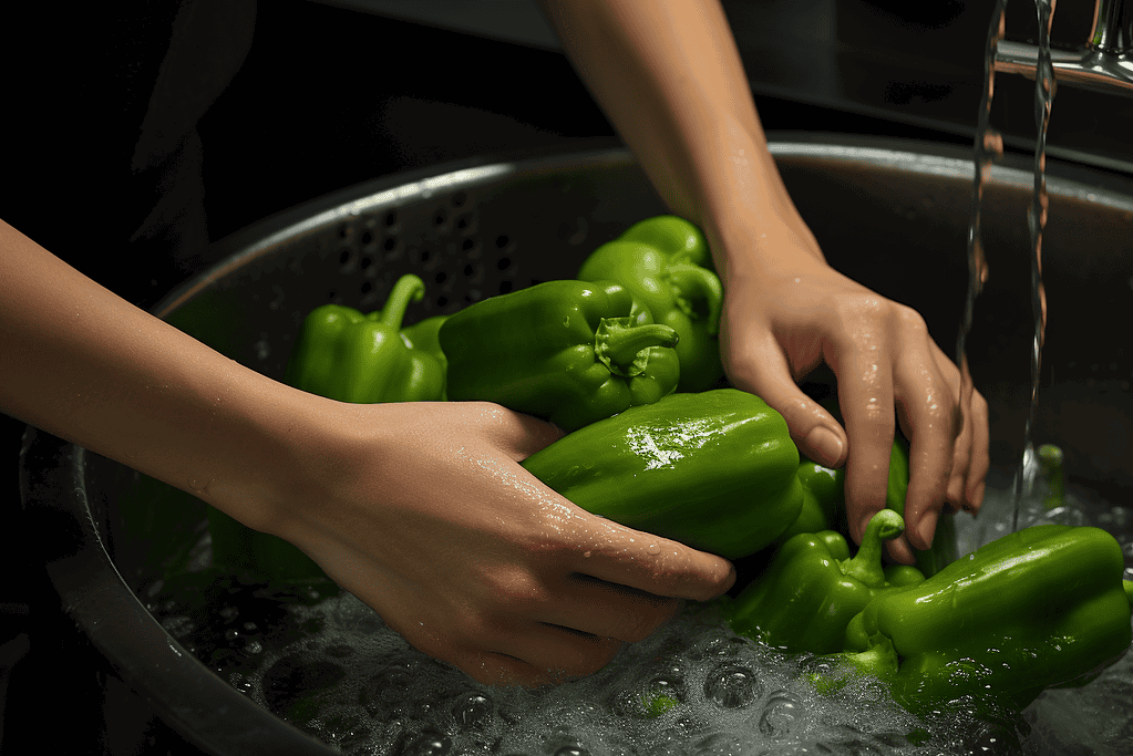 Bright green bell peppers being rinsed in a stainless steel sink for healthy cooking.
