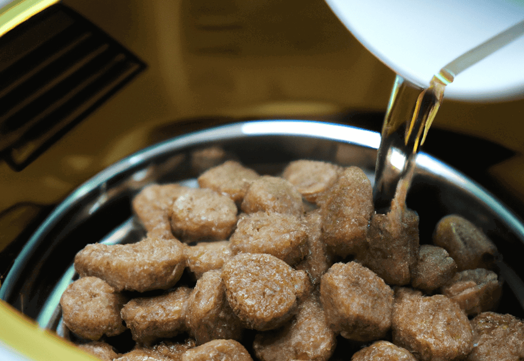 Pet food bowl with dry dog food, close-up shot.