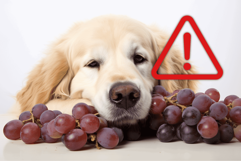 Close-up of a golden retriever lying on grapes with a warning icon.