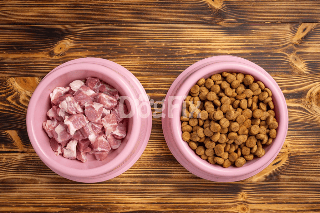 Healthy pet food options with fresh meat and dry kibble in pink bowls for dogs.