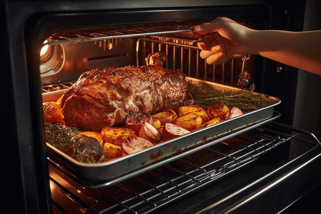 Delicious roast beef cooking in the oven with potatoes, garlic, and rosemary. Perfect for a hearty, home-cooked meal.