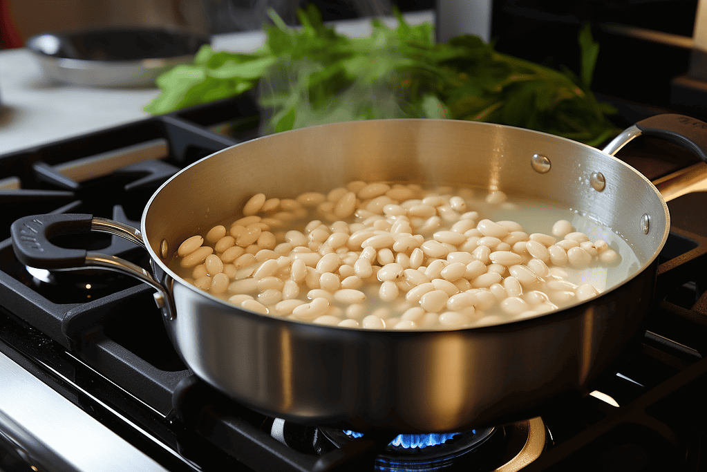 Alt text: Cooking white beans in a frying pan on a stovetop with steam rising.