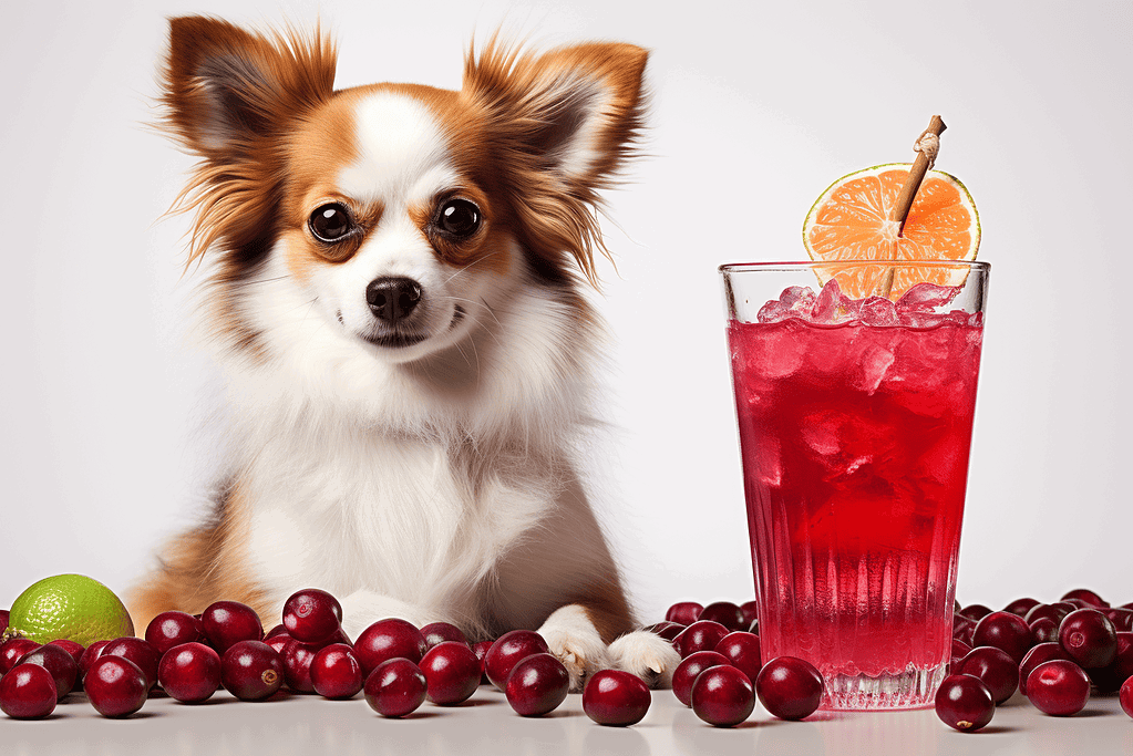 Cute dog with fruit and berry drink.