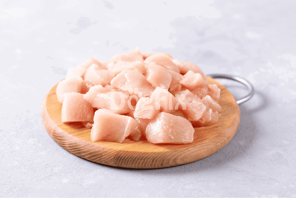 Raw chicken cut into pieces on a wooden board, ideal for homemade dog food.