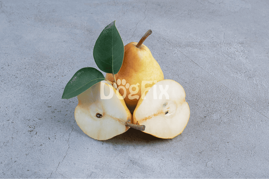 Fresh pears and slices with leaves, ideal for healthy dog treats and nutrition.